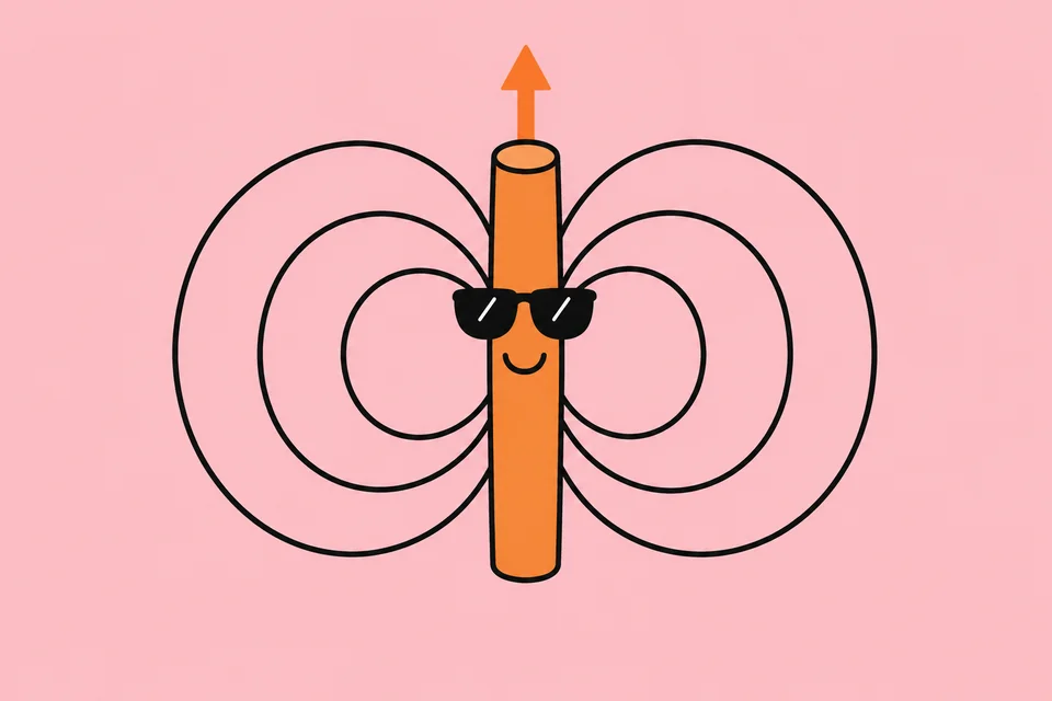Comic eines stromdurchflossenen Leiters mit Sonnenbrille und umlaufenden Magnetfeldlinien.
