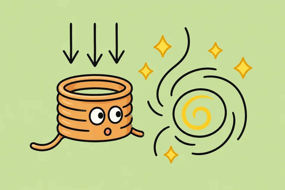 Comic einer Spule mit einfallenden Magnetfeldpfeilen und einem daneben dargestellten elektrischen Wirbelfeld.