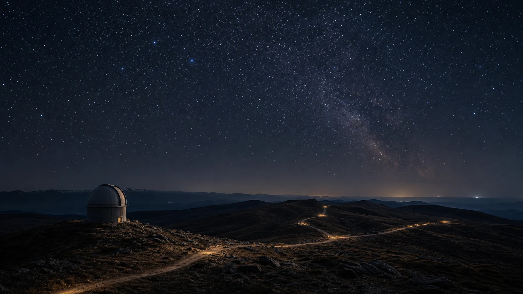 Nächtliche Landschaft mit einer kleinen Sternwarte und mehreren Wegen, die sich zu verschiedenen Horizonten verzweigen